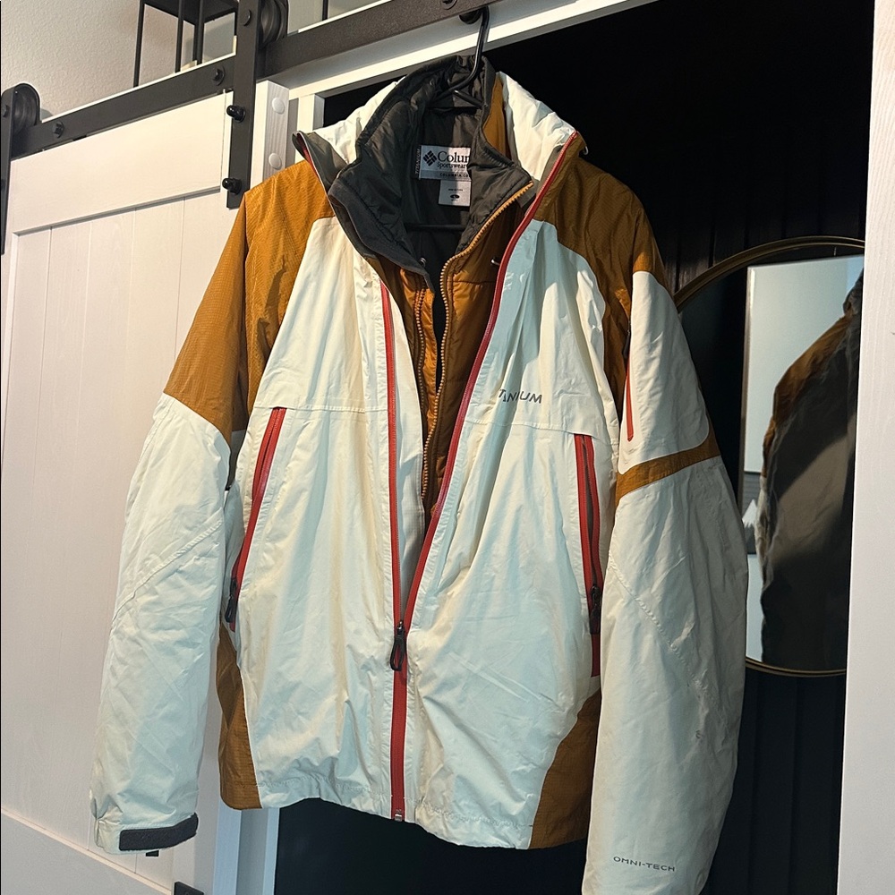 Columbia off white, red with burnt orange. and Black Softshell Jacket
